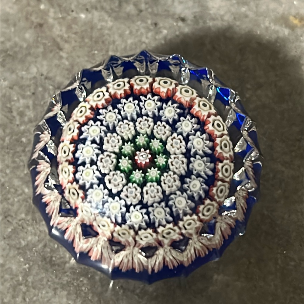 Vintage Perthshire Millefori Intricate Blue and White Glass Paperweight